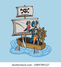 pirate skull with coffin ship illustration