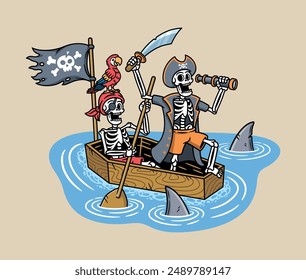 pirate skull with coffin ship in the sea illustration