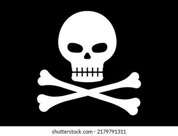 Pirate skull and cross bones vector illustration. Simple silhiuette with skeleton head and crossbones for eye patch, flag, danger symbol isolated on black background.