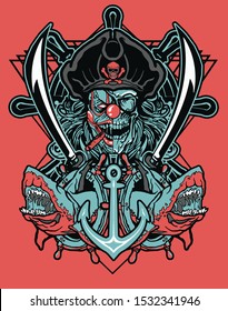 pirate skull with cross sword sacred geometry background for poster and tshirt design