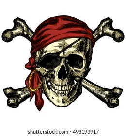 Pirate skull and crossbones bandana and an earring on a blank background