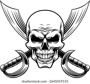 Pirate skull crossbones with crossing sabers or scimitar cutlass pirate swords. In a vintage retro woodcut style.