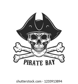 Pirate skull with crossbones. Design elements for logo, label, sign, menu. Vector illustration