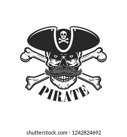 Pirate skull with crossbones. Design elements for logo, label, sign, menu. Vector illustration