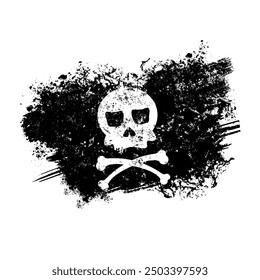 Cráneo pirata con huesos cruzados, bandera pirata destruida - Ilustración vectorial, aislado