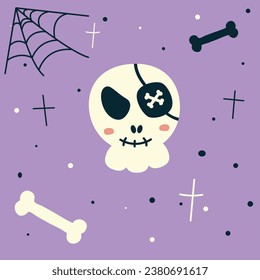 Pirate skull - with crossbones, pirate, pirate face, cute face, cute skull, halloween illustration, autumn holidays banner, ghost icon emotion. Vector illustration.