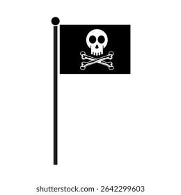 Pirate Skull and Crossbones Flag Vector Illustration. Pirate flag featuring a white skull above two crossed bones. The flag is mounted on a vertical black flagpole.