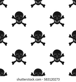 Pirate skull and crossbones icon in black style isolated on white background. Pirates pattern stock vector illustration.