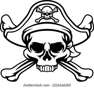 A pirate skull and crossbones jolly roger grim reaper cartoon wearing captain a hat and eye patch