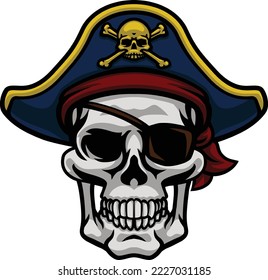 A pirate skull and crossbones jolly roger grim reaper cartoon wearing captain a hat and eye patch