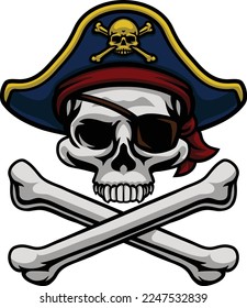 A pirate skull and crossbones jolly roger grim reaper cartoon wearing captain a hat and eye patch