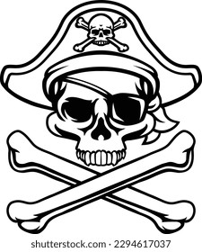 A pirate skull and crossbones jolly roger grim reaper cartoon wearing captain a hat and eye patch