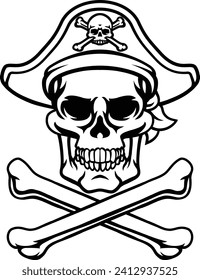 A pirate skull and crossbones jolly roger grim reaper cartoon wearing captain a hat and eye patch