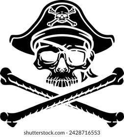 A pirate skull and crossbones jolly roger grim reaper cartoon wearing captain a hat and eye patch