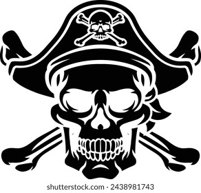 A pirate skull and crossbones jolly roger grim reaper cartoon wearing captain a hat and eye patch