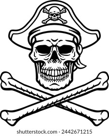 A pirate skull and crossbones jolly roger grim reaper cartoon wearing captain a hat and eye patch