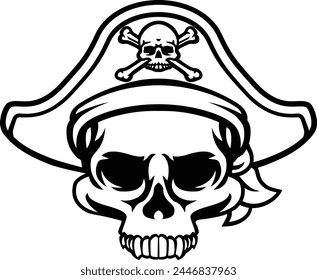 A pirate skull and crossbones jolly roger grim reaper cartoon wearing captain a hat and eye patch