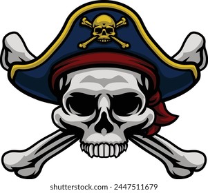 A pirate skull and crossbones jolly roger grim reaper cartoon wearing captain a hat and eye patch