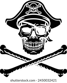 A pirate skull and crossbones jolly roger grim reaper cartoon wearing captain a hat and eye patch