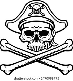 A pirate skull and crossbones jolly roger grim reaper cartoon wearing captain a hat and eye patch