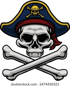 A pirate skull and crossbones jolly roger grim reaper cartoon wearing captain a hat and eye patch