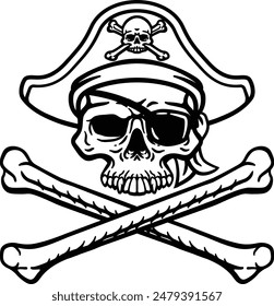 A pirate skull and crossbones jolly roger grim reaper cartoon wearing captain a hat and eye patch