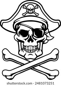 A pirate skull and crossbones jolly roger grim reaper cartoon wearing captain a hat and eye patch