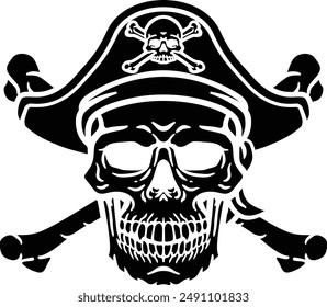 A pirate skull and crossbones jolly roger grim reaper cartoon wearing captain a hat and eye patch