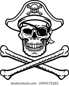 A pirate skull and crossbones jolly roger grim reaper cartoon wearing captain a hat and eye patch