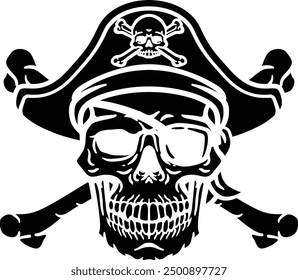 A pirate skull and crossbones jolly roger grim reaper cartoon wearing captain a hat and eye patch