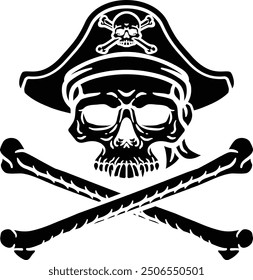 A pirate skull and crossbones jolly roger grim reaper cartoon wearing captain a hat and eye patch