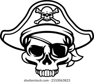 A pirate skull and crossbones jolly roger grim reaper cartoon wearing captain a hat and eye patch