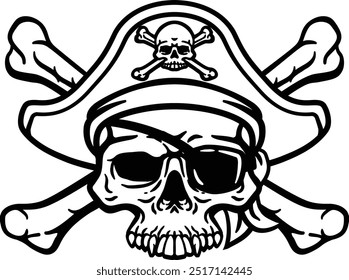 A pirate skull and crossbones jolly roger grim reaper cartoon wearing captain a hat and eye patch