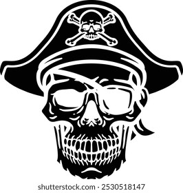 A pirate skull and crossbones jolly roger grim reaper cartoon wearing captain a hat and eye patch