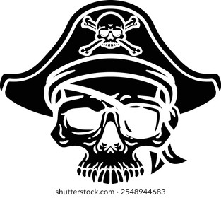 A pirate skull and crossbones jolly roger grim reaper cartoon wearing captain a hat and eye patch