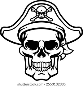 A pirate skull and crossbones jolly roger grim reaper cartoon wearing captain a hat and eye patch