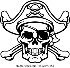 A pirate skull and crossbones jolly roger grim reaper cartoon wearing captain a hat and eye patch