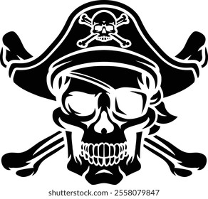 A pirate skull and crossbones jolly roger grim reaper cartoon wearing captain a hat and eye patch