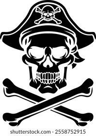 A pirate skull and crossbones jolly roger grim reaper cartoon wearing captain a hat and eye patch