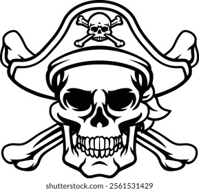 A pirate skull and crossbones jolly roger grim reaper cartoon wearing captain a hat and eye patch