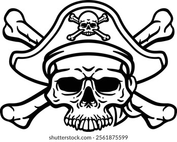 A pirate skull and crossbones jolly roger grim reaper cartoon wearing captain a hat and eye patch