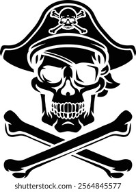 A pirate skull and crossbones jolly roger grim reaper cartoon wearing captain a hat and eye patch