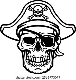 A pirate skull and crossbones jolly roger grim reaper cartoon wearing captain a hat and eye patch