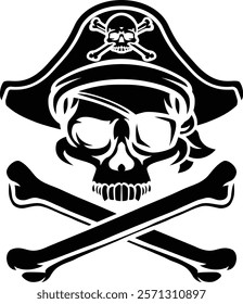 A pirate skull and crossbones jolly roger grim reaper cartoon wearing captain a hat and eye patch