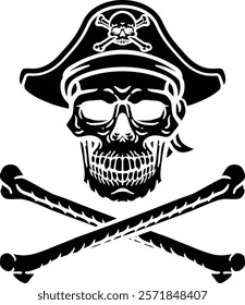 A pirate skull and crossbones jolly roger grim reaper cartoon wearing captain a hat and eye patch