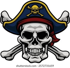 A pirate skull and crossbones jolly roger grim reaper cartoon wearing captain a hat and eye patch