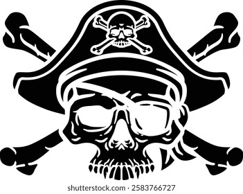 A pirate skull and crossbones jolly roger grim reaper cartoon wearing captain a hat and eye patch