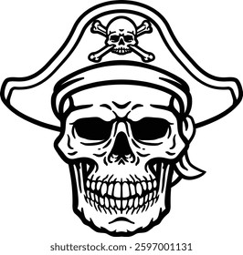 A pirate skull and crossbones jolly roger grim reaper cartoon wearing captain a hat and eye patch