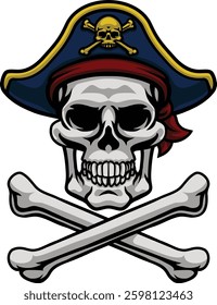 A pirate skull and crossbones jolly roger grim reaper cartoon wearing captain a hat and eye patch