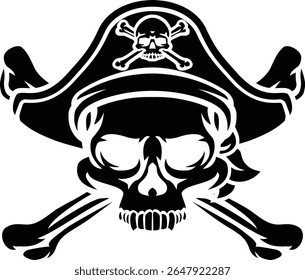 Um crânio pirata e ossos cruzados alegre roger ceifador caricatura vestindo capitão um chapéu e tapa olho